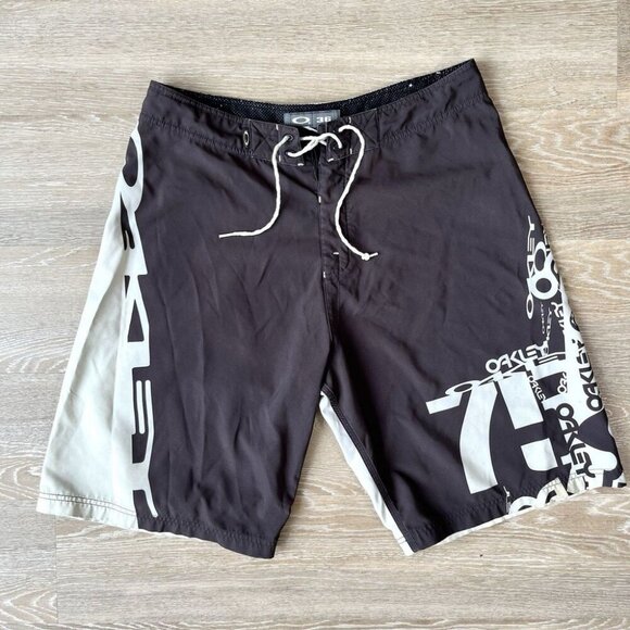 Vintage OAKLEY Software Style Monogram Logo Surfing Shorts Black Beige Size 36” - Picture 1 of 12